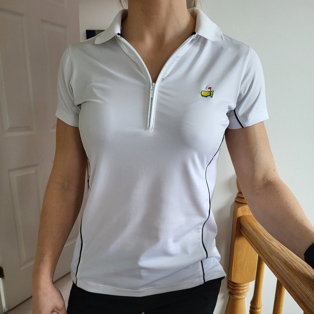 Masters White Short Sleeve Zip Polo with Green & Yellow Logo